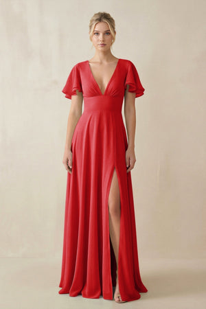 V - Neck Ruffled Short Sleeves A - Line Bridesmaid Dress in Ruby Red - KISS BRIDAL Bridesmaid Dresses