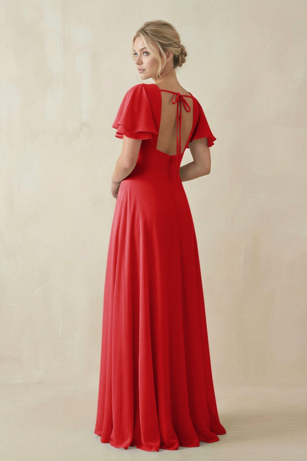 V-Neck Ruffled Short Sleeves A-Line Bridesmaid Dress in Ruby Red