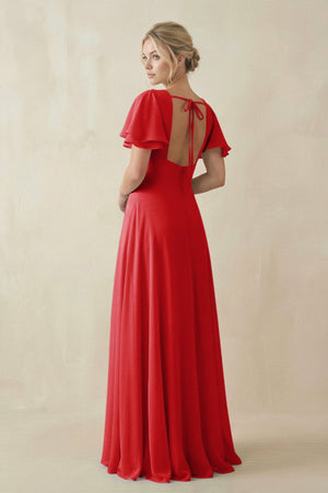 V - Neck Ruffled Short Sleeves A - Line Bridesmaid Dress in Ruby Red - KISS BRIDAL Bridesmaid Dresses