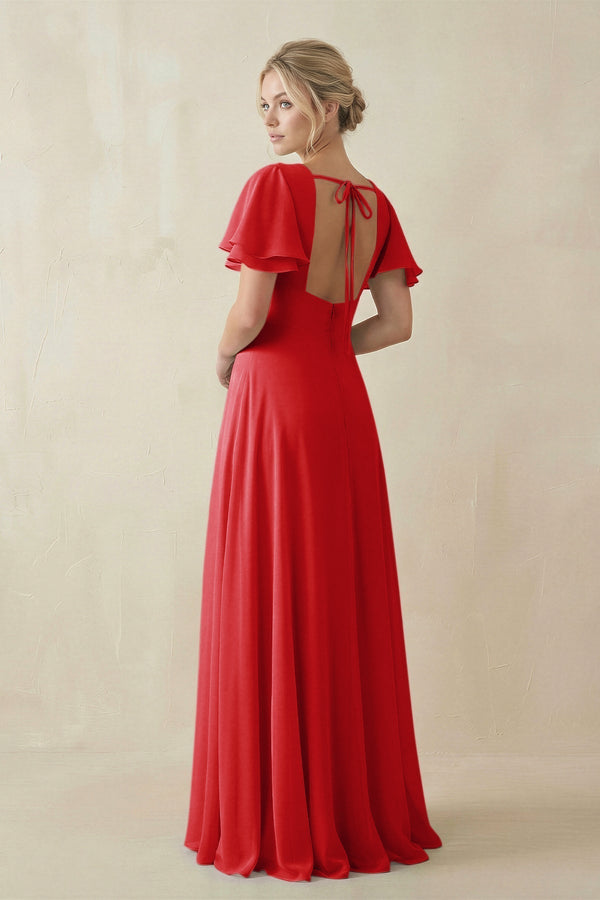 V - Neck Ruffled Short Sleeves A - Line Bridesmaid Dress in Ruby Red - KISS BRIDAL Bridesmaid Dresses