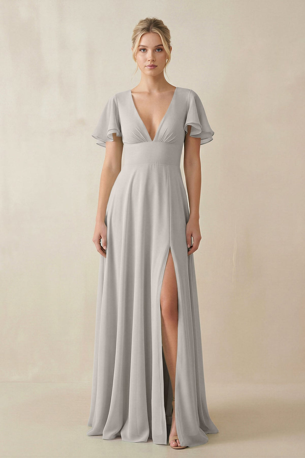 V-Neck Ruffled Short Sleeves A-Line Bridesmaid Dress in Silver