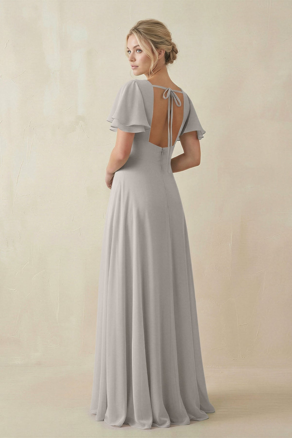 V-Neck Ruffled Short Sleeves A-Line Bridesmaid Dress in Silver