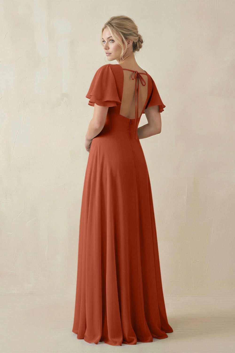 V-Neck Ruffled Short Sleeves A-Line Bridesmaid Dress in Spice