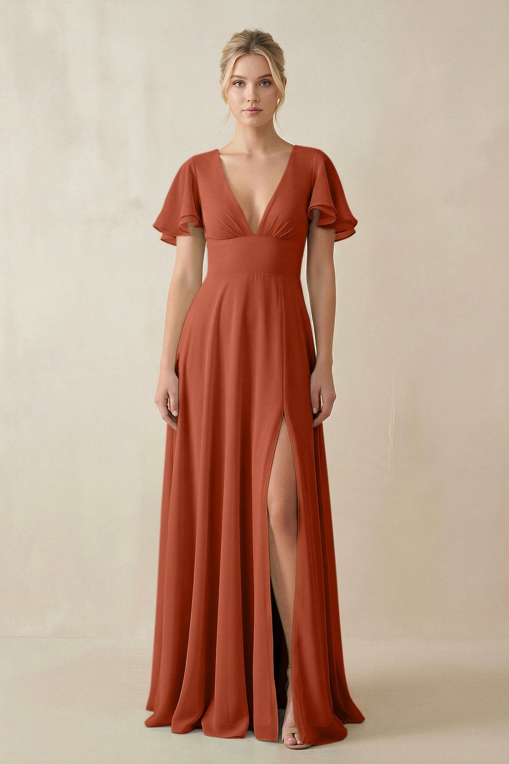 V-Neck Ruffled Short Sleeves A-Line Bridesmaid Dress in Spice