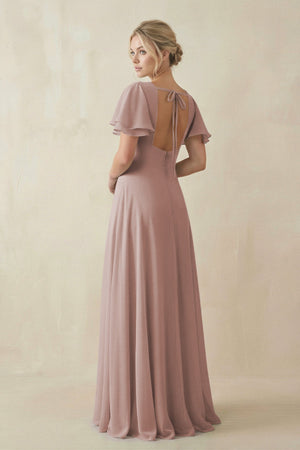 V-Neck Ruffled Short Sleeves A-Line Bridesmaid Dress in Toffee (2) | KISSBRIDAL