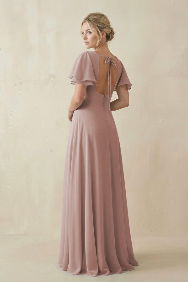 V-Neck Ruffled Short Sleeves A-Line Bridesmaid Dress in Toffee (2) | KISSBRIDAL