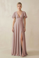 V-Neck Ruffled Short Sleeves A-Line Bridesmaid Dress in Toffee | KISSBRIDAL