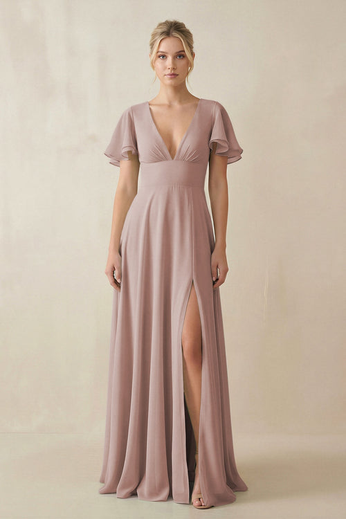 V-Neck Ruffled Short Sleeves A-Line Bridesmaid Dress in Toffee | KISSBRIDAL