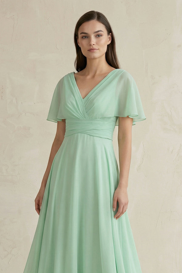 V-Neck Ruffled Sleeve A-Line Chiffon Bridesmaid Dress in Pale Pistachio - KISS BRIDAL BRIDESMAID DRESSES