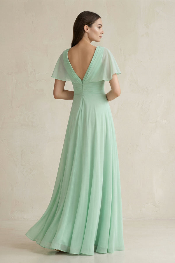 V-Neck Ruffled Sleeve A-Line Chiffon Bridesmaid Dress in Pale Pistachio - KISS BRIDAL BRIDESMAID DRESSES