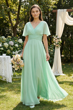 V-Neck Ruffled Sleeve A-Line Chiffon Bridesmaid Dress in Pale Pistachio - KISS BRIDAL BRIDESMAID DRESSES