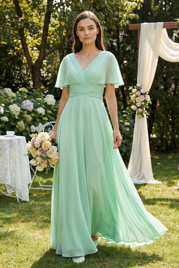 V-Neck Ruffled Sleeve A-Line Chiffon Bridesmaid Dress in Pale Pistachio - KISS BRIDAL BRIDESMAID DRESSES
