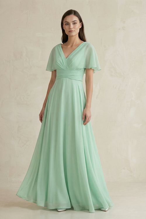 V-Neck Ruffled Sleeve A-Line Chiffon Bridesmaid Dress in Pale Pistachio - KISS BRIDAL BRIDESMAID DRESSES
