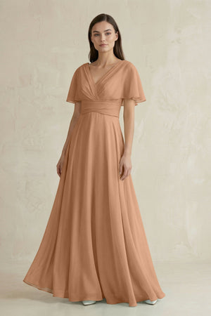 V - Neck Ruffled Sleeve A - Line Chiffon Bridesmaid Dress in Bronzer - KISS BRIDAL Bridesmaid Dresses