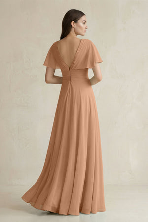 V - Neck Ruffled Sleeve A - Line Chiffon Bridesmaid Dress in Bronzer - KISS BRIDAL Bridesmaid Dresses