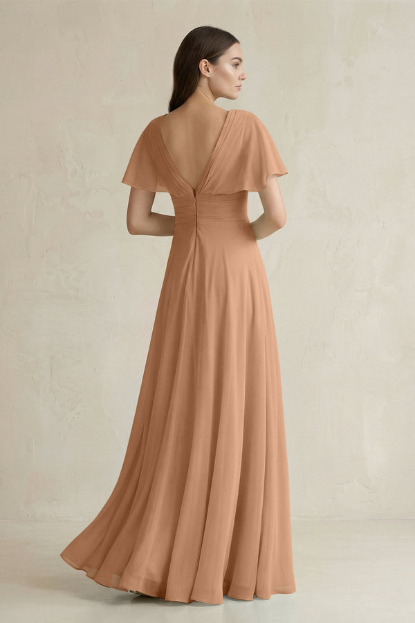 V - Neck Ruffled Sleeve A - Line Chiffon Bridesmaid Dress in Bronzer - KISS BRIDAL Bridesmaid Dresses