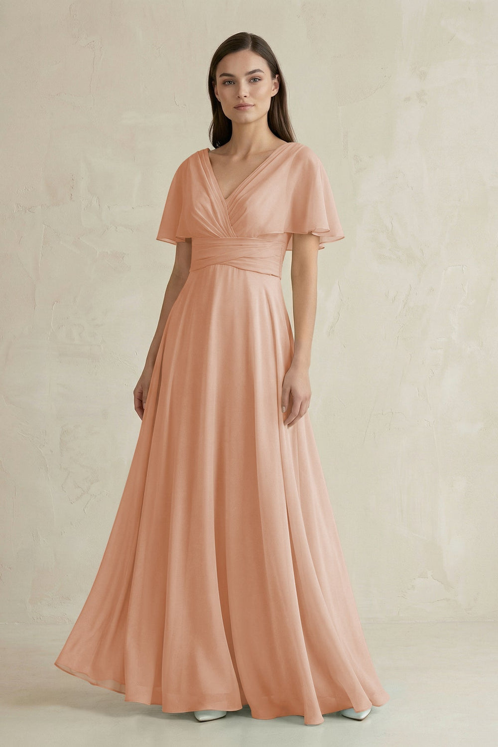 V-Neck Ruffled Sleeve A-Line Chiffon Bridesmaid Dress in Champagne Rose