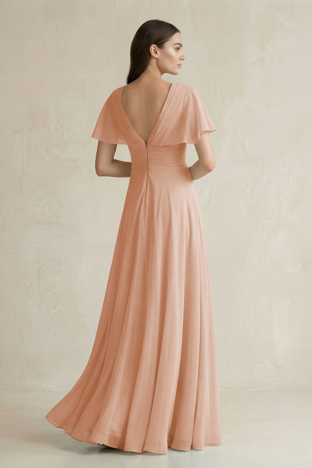 V-Neck Ruffled Sleeve A-Line Chiffon Bridesmaid Dress in Champagne Rose