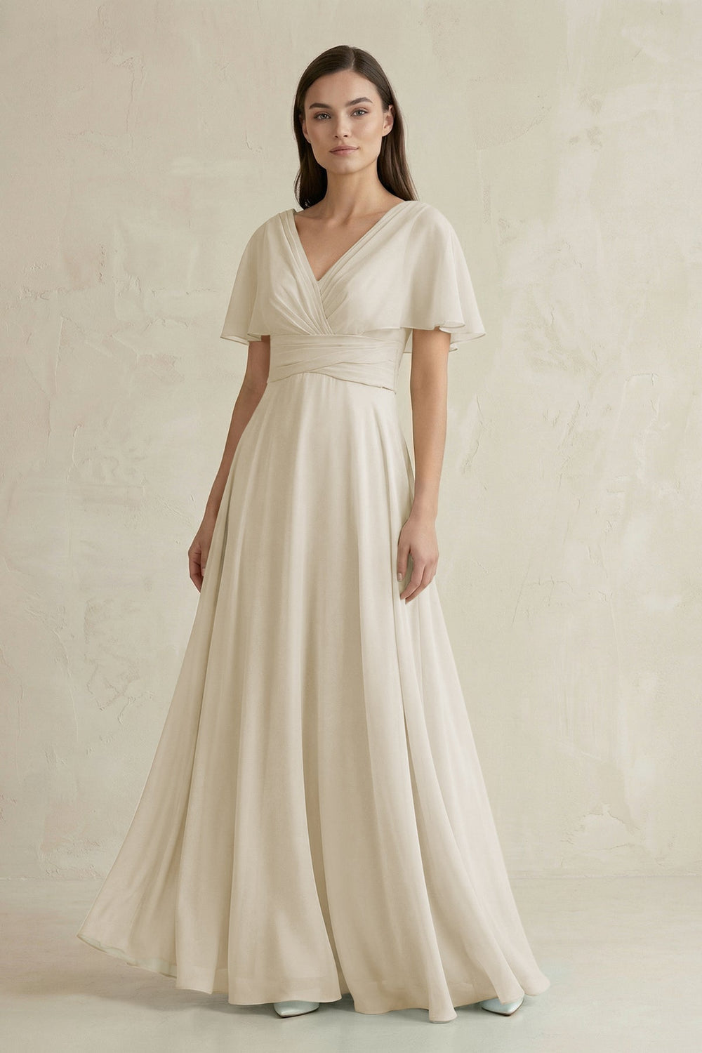 V-Neck Ruffled Sleeve A-Line Chiffon Bridesmaid Dress in Dove Gray