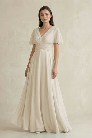 V - Neck Ruffled Sleeve A - Line Chiffon Bridesmaid Dress in Dove Gray - KISS BRIDAL Bridesmaid Dresses