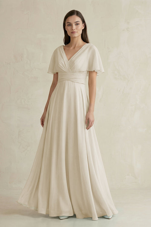 V - Neck Ruffled Sleeve A - Line Chiffon Bridesmaid Dress in Dove Gray - KISS BRIDAL Bridesmaid Dresses