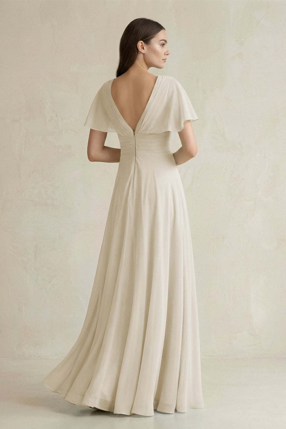 V-Neck Ruffled Sleeve A-Line Chiffon Bridesmaid Dress in Dove Gray