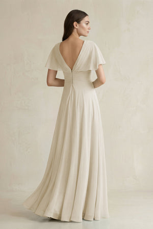 V - Neck Ruffled Sleeve A - Line Chiffon Bridesmaid Dress in Dove Gray - KISS BRIDAL Bridesmaid Dresses