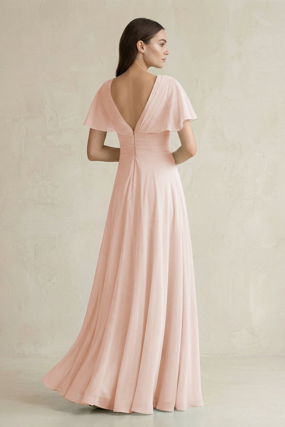 V-Neck Ruffled Sleeve A-Line Chiffon Bridesmaid Dress in Pale Blush