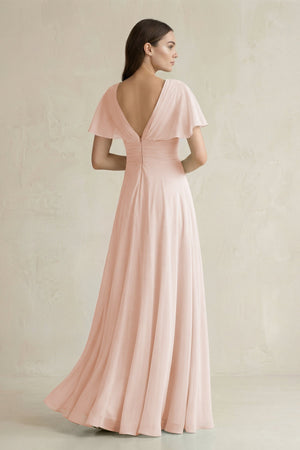 V - Neck Ruffled Sleeve A - Line Chiffon Bridesmaid Dress in Pale Blush - KISS BRIDAL Bridesmaid Dresses