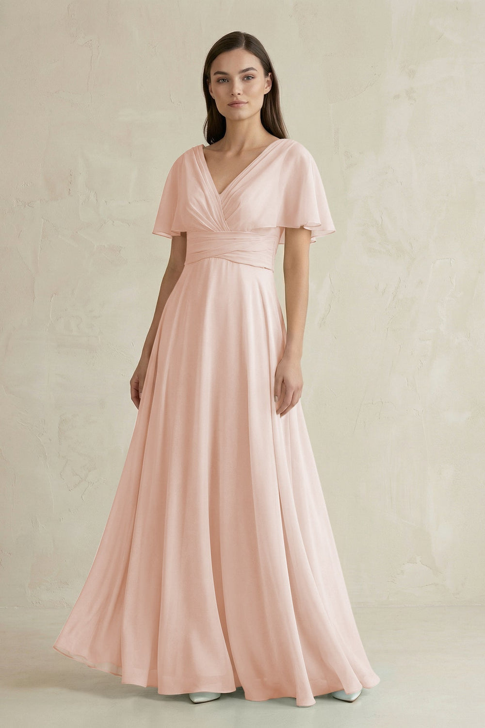 V-Neck Ruffled Sleeve A-Line Chiffon Bridesmaid Dress in Pale Blush