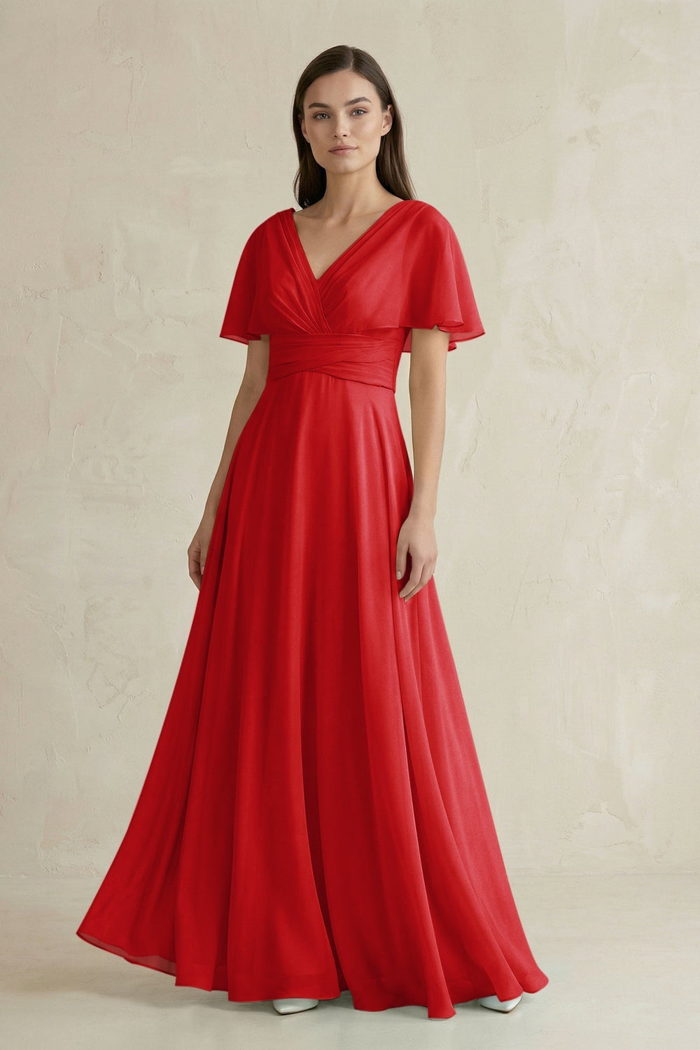V-Neck Ruffled Sleeve A-Line Chiffon Bridesmaid Dress in Ruby Red