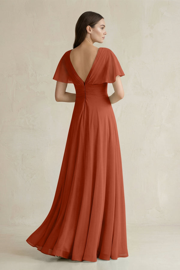 V - Neck Ruffled Sleeve A - Line Chiffon Bridesmaid Dress in Spice - KISS BRIDAL Bridesmaid Dresses