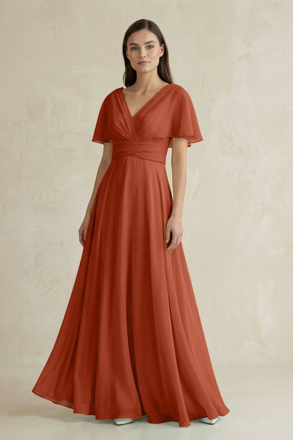 V-Neck Ruffled Sleeve A-Line Chiffon Bridesmaid Dress in Spice