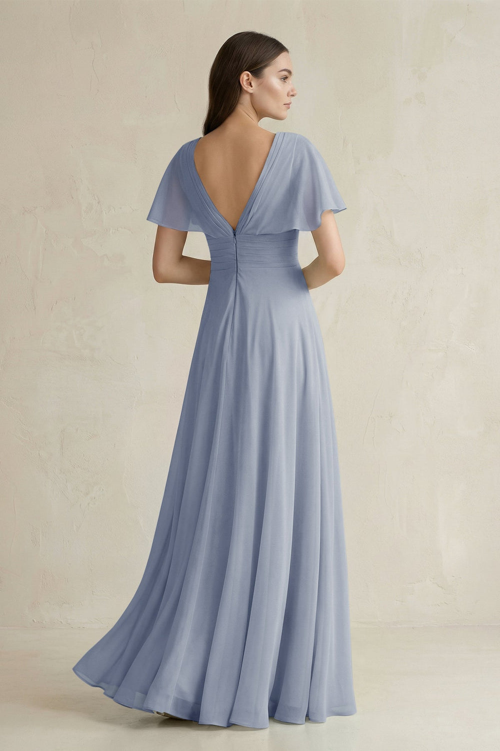 V-Neck Ruffled Sleeve A-Line Chiffon Bridesmaid Dress in Twilight