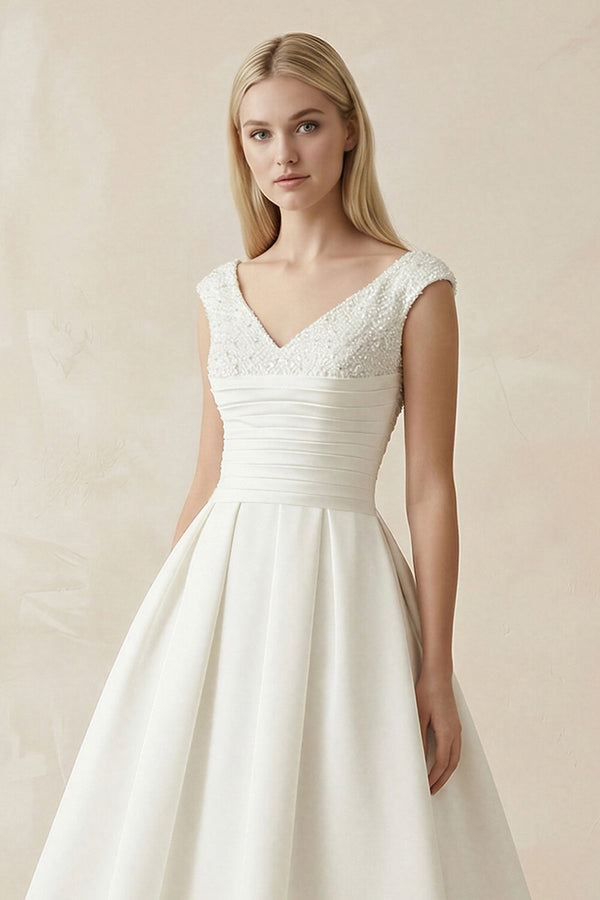 V - Neck Satin A - Line Midi Beaded Wedding Dress in White - KISS BRIDAL Wedding Dresses