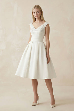 V - Neck Satin A - Line Midi Beaded Wedding Dress in White - KISS BRIDAL Wedding Dresses