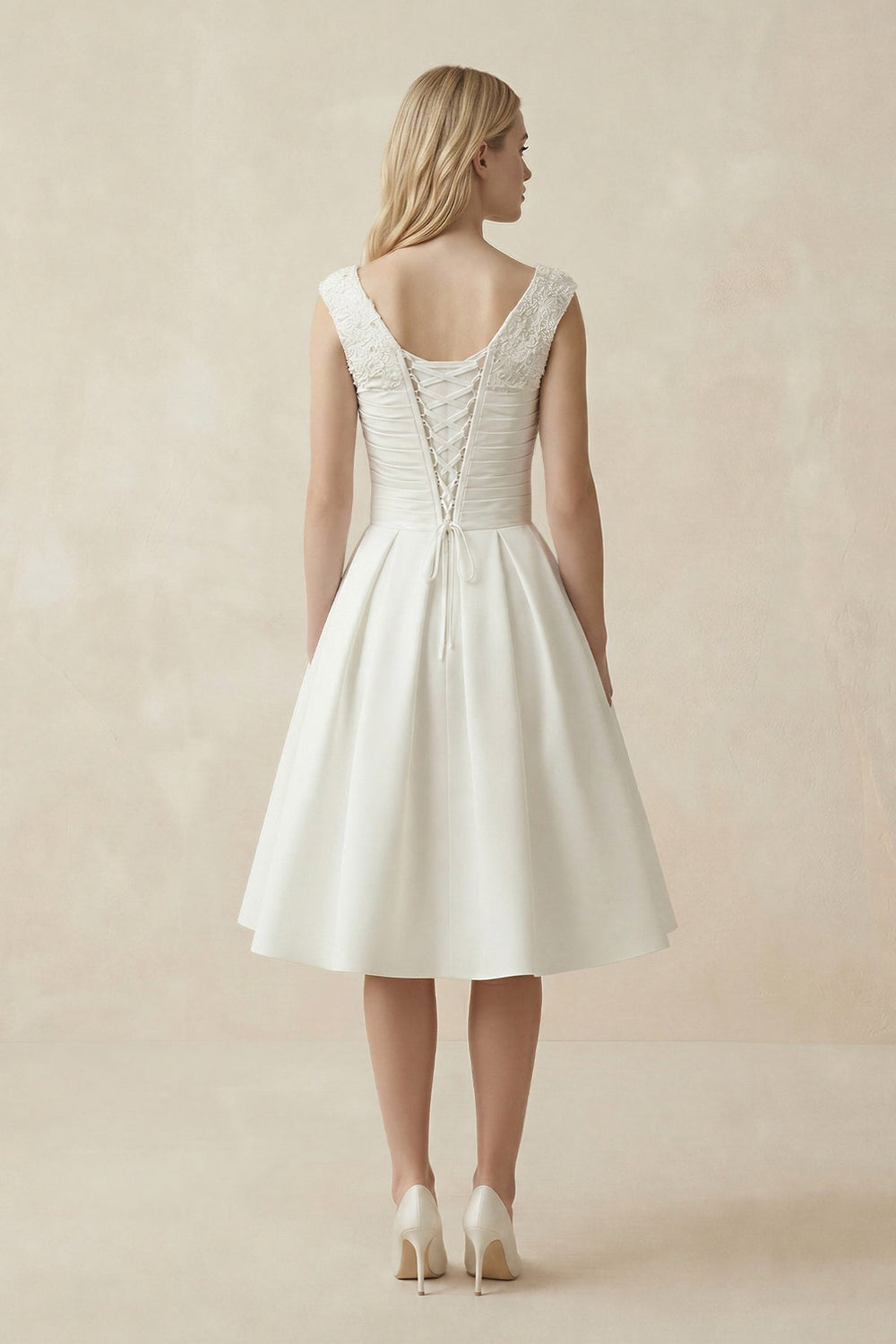 V-Neck Satin A-Line Midi Beaded Wedding Dress in White