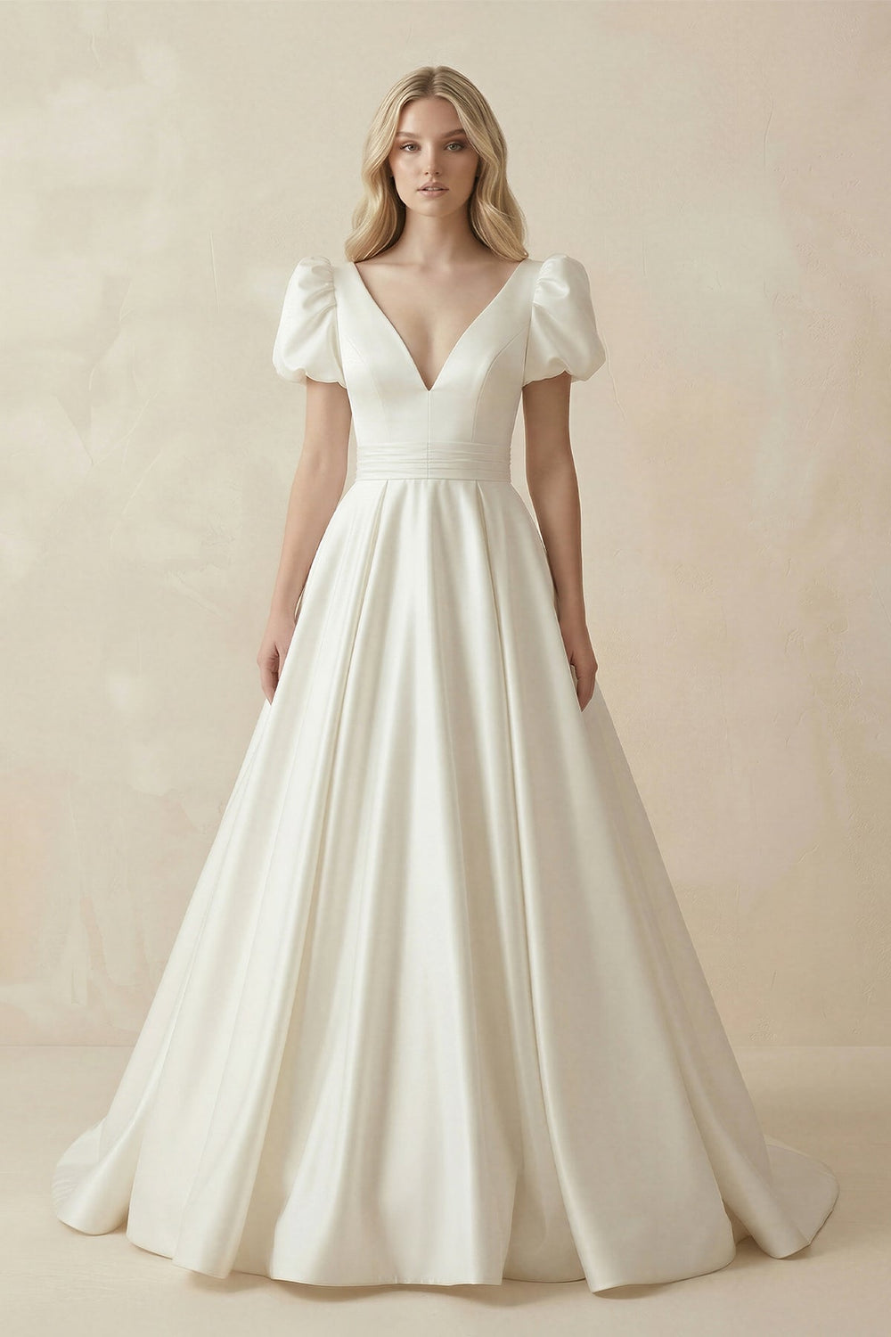 V-Neck Satin Ruched Wedding Dress with Puff Sleeves in White