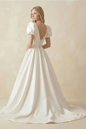 V - Neck Satin A - Line Ruched Wedding Dress with Puff Sleeves in White - KISS BRIDAL Wedding Dresses