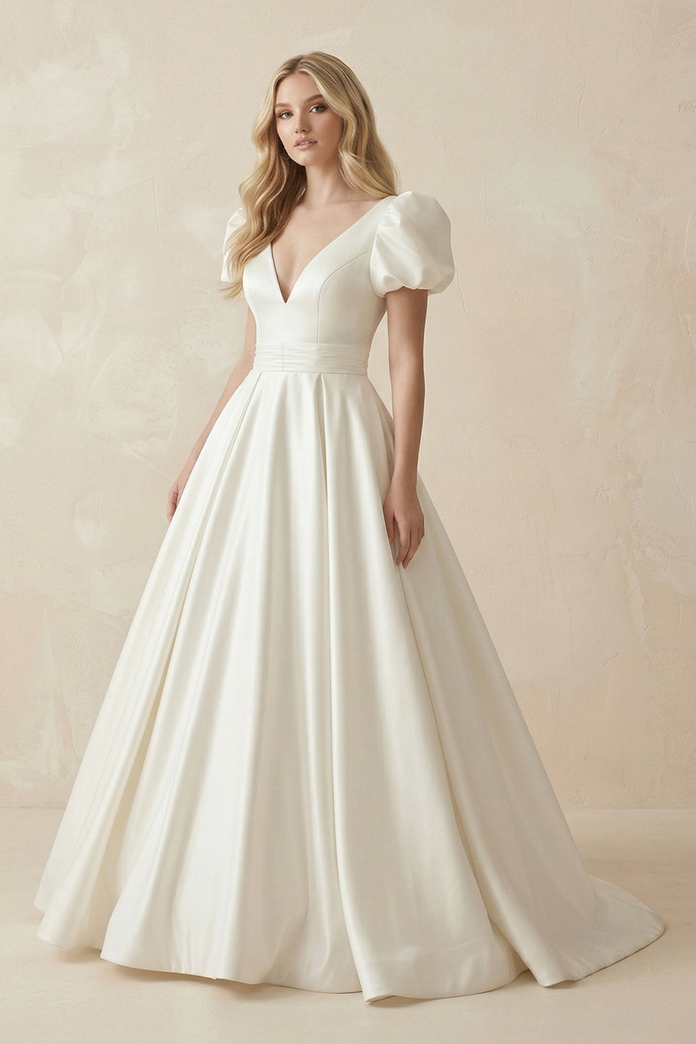 V-Neck Satin Ruched Wedding Dress with Puff Sleeves in White