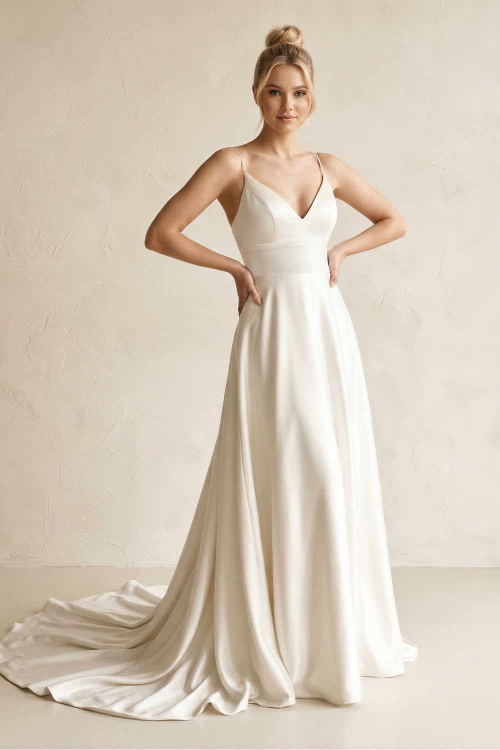 V-Neck Satin A-Line Wedding Dress in White