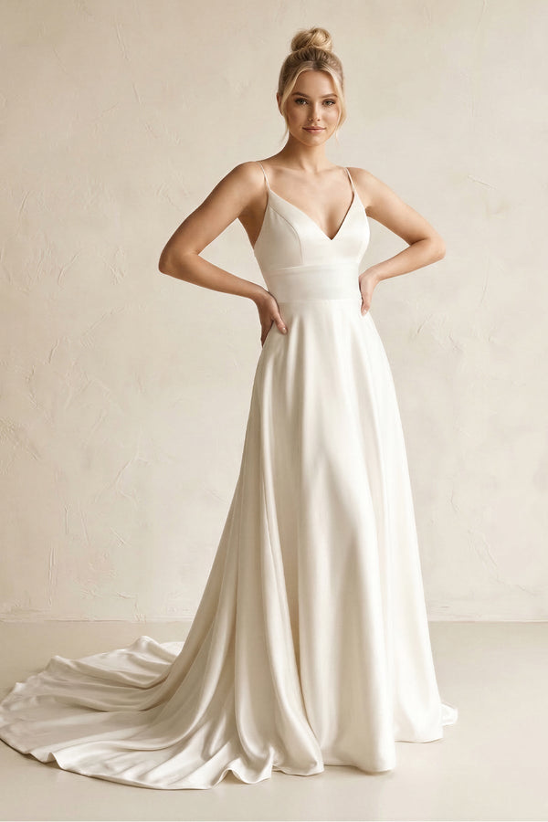 V - Neck Satin A - Line Wedding Dress in White - KISS BRIDAL Wedding Dresses
