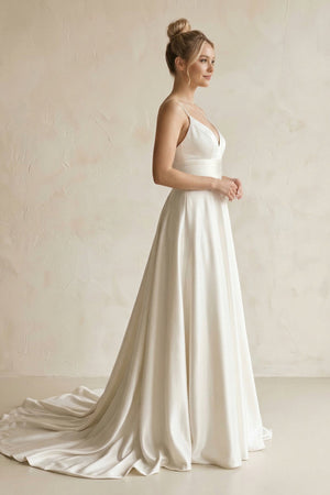 V - Neck Satin A - Line Wedding Dress in White - KISS BRIDAL Wedding Dresses