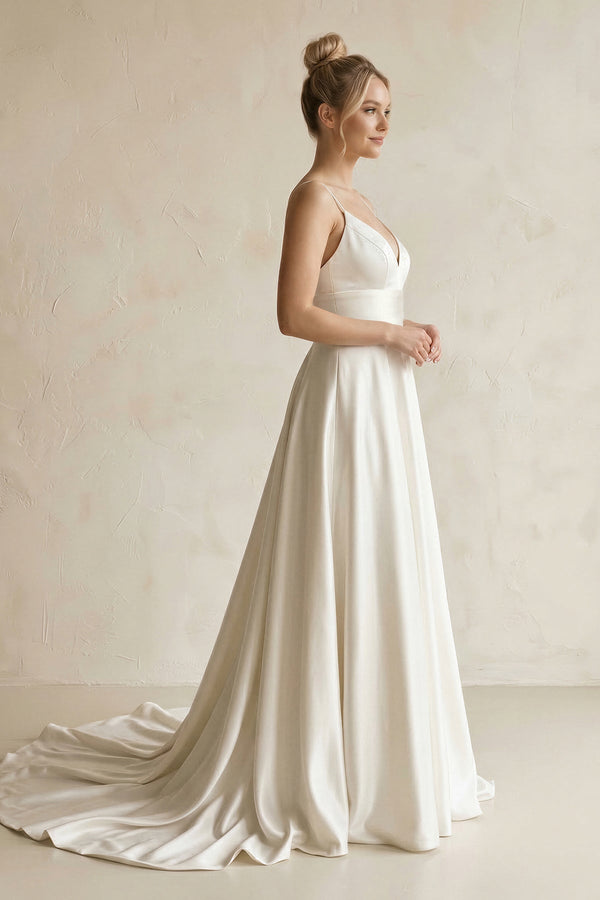 V - Neck Satin A - Line Wedding Dress in White - KISS BRIDAL Wedding Dresses