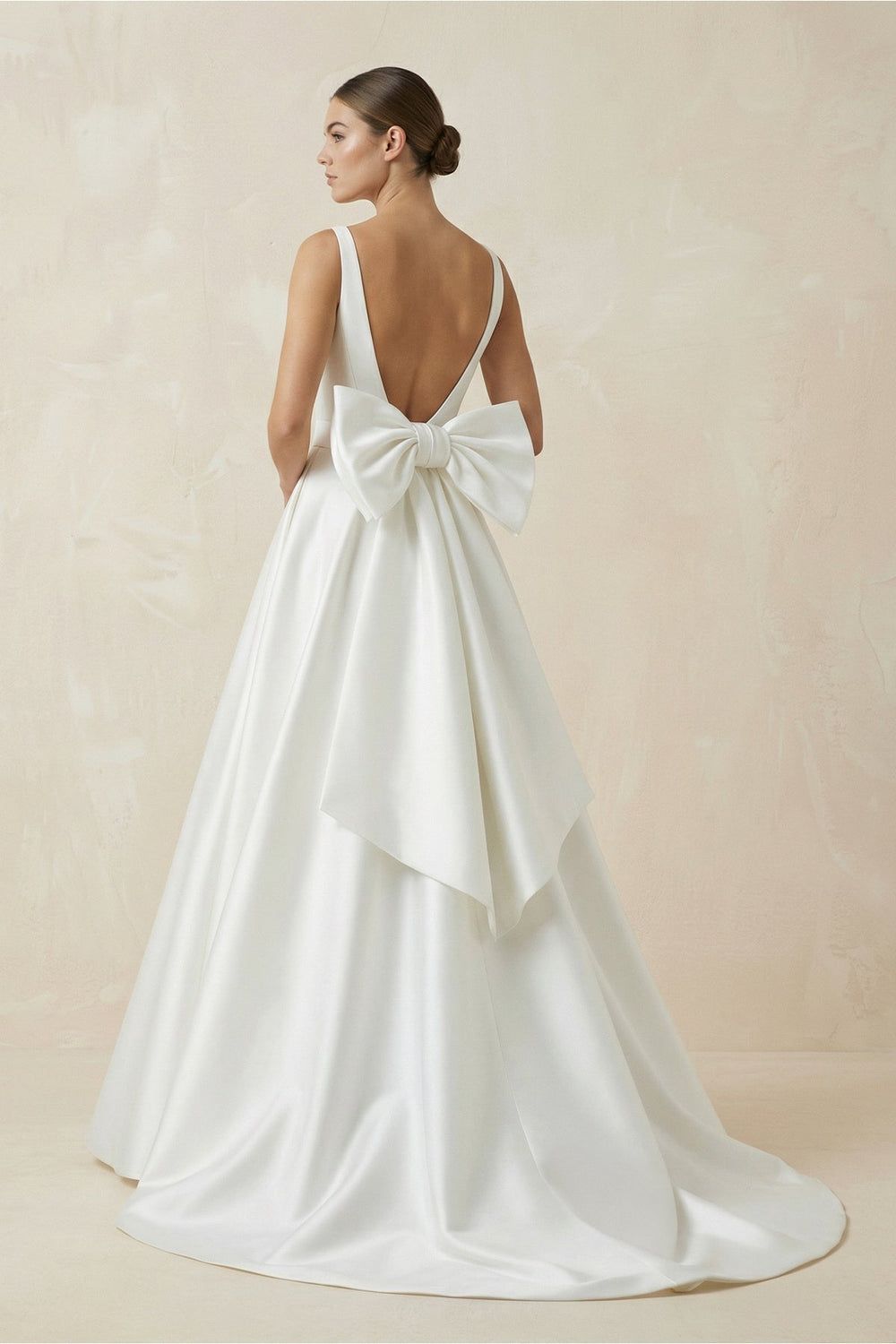 V-Neck Satin A-Line Wedding Dress With Bow in White