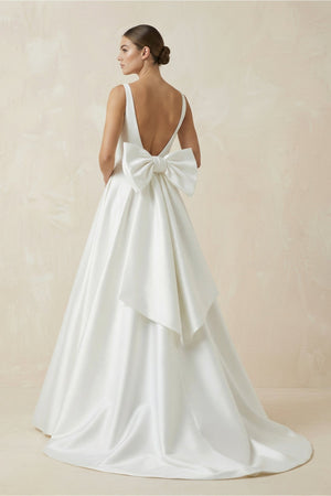 V - Neck Satin A - Line Wedding Dress With Bow in White - KISS BRIDAL Wedding Dresses
