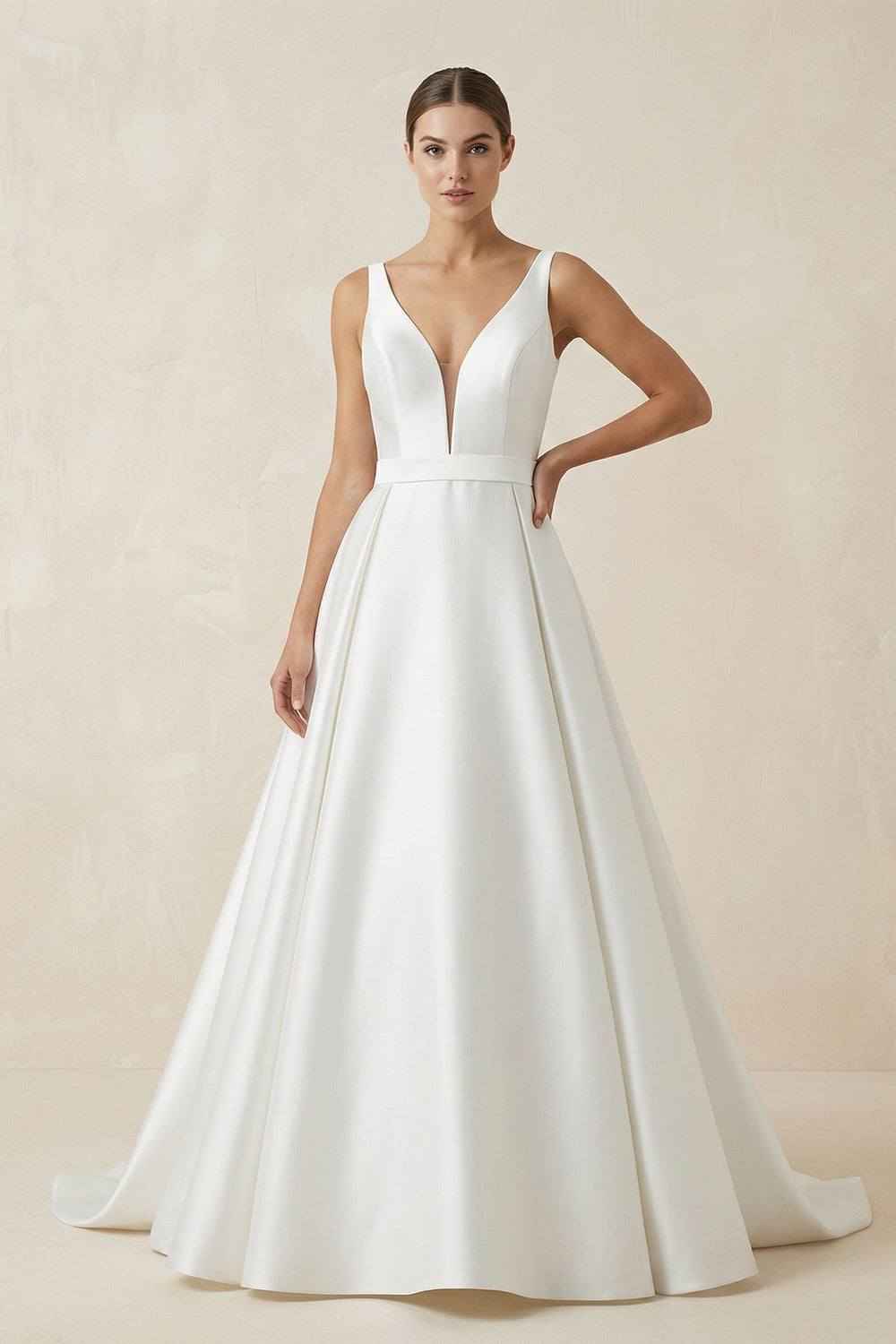 V-Neck Satin A-Line Wedding Dress With Bow in White