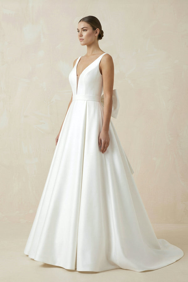 V - Neck Satin A - Line Wedding Dress With Bow in White - KISS BRIDAL Wedding Dresses