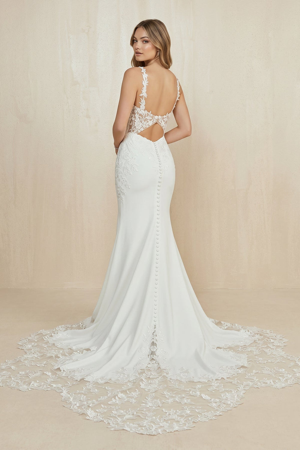 Plunging Satin Mermaid Appliqued Wedding Dress in White