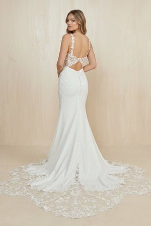 V Neck Satin Mermaid Appliqued Wedding Dress in White - KISS BRIDAL Wedding Dresses